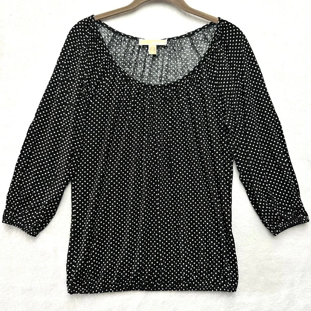 Michael Kors Polka Dot Blouse Top XS 3/4‎ Sleeve Black White Pleated Viscose
